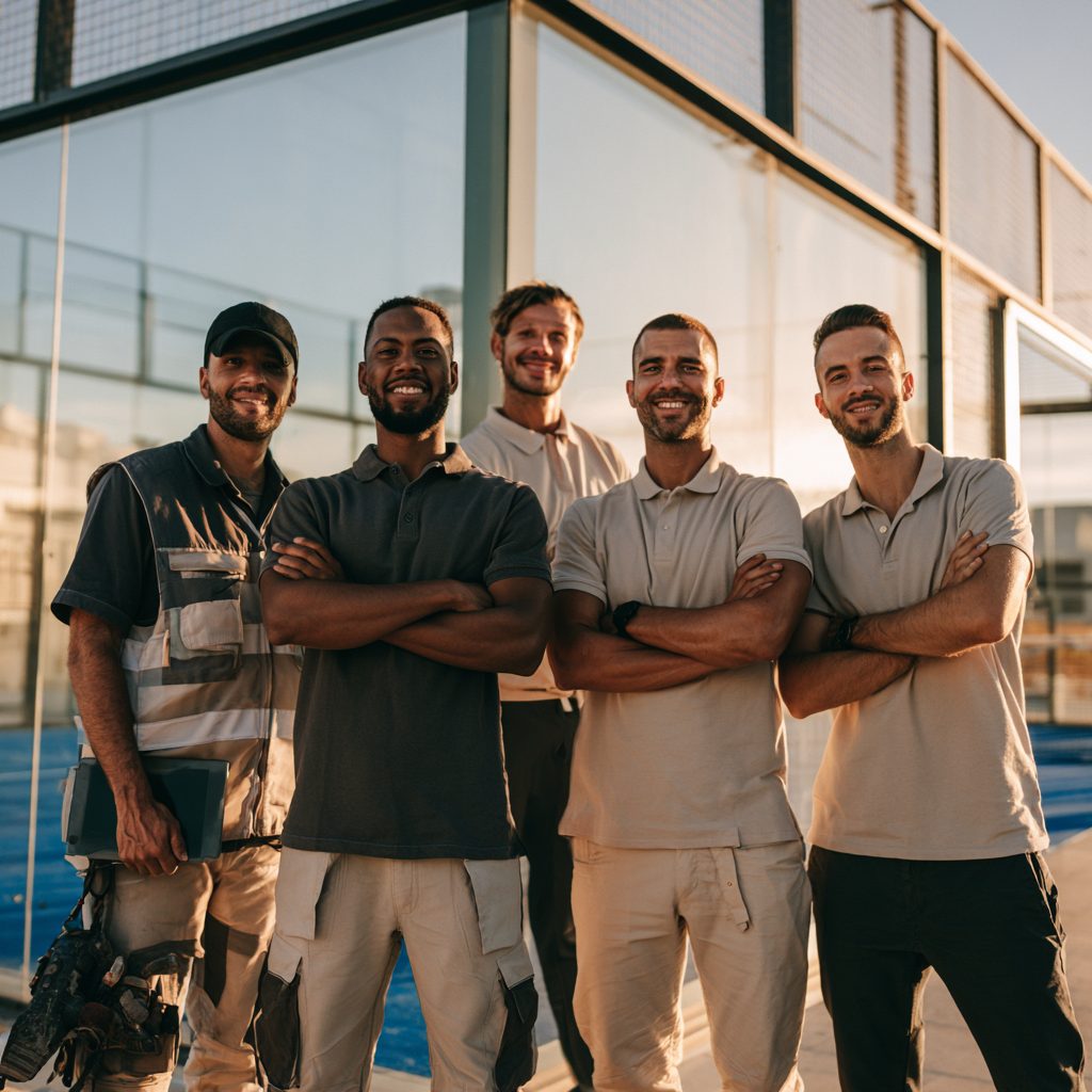 Illustration d'un groupe de professionnels devant un terrain de padel